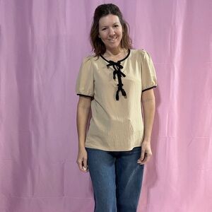 Elegant Beige Puff Sleeve Top with Black bow Accents